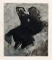 Auguste Rodin, Springendes Pferd mit Reiter, 1899/1900, Farblithographie auf Karton mit Seidenpapiervorsatz mit stilisiertem Blütendekor
