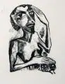Leonore Adler, Frau mit Tier, 1988, Lithographie auf Torchon