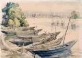 Elisabeth Andrae, Boote am Bodden, 1919, Aquarell über Bleistift auf festem Papier