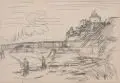 Walter Jacob, Angler am Inn, die Festung Kufstein im Hintergrund, 1926, Bleistiftzeichnung auf chamoisfarbenem Papier