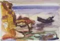 Wilhelm Lachnit, Usedomer Steilküste mit Fischerboot. Mitte 20. Jh, Aquarell über Kohlestift auf feinem Bütten