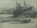 Alfred Kunze, Fischdampfer Bürgermeister Burchhardt, 1912, Kohlestiftzeichnung und farbige Kreide auf grünem Papier