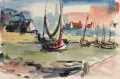 Armin Schulze, Fischerboote im Hafen, 1950, Aquarell auf kräftigem Velin