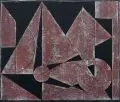 Inge Thiess-Böttner, Komposition mit Kreisen und Dreiecken, 1982, Farblinolschnitt auf schwarzem Tonpapier