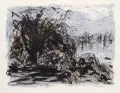 Christine Wahl, Gewitterlandschaft an der Elbe, 1990, Farbzinkographie auf Karton