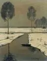 Gernot Rasenberger, Winterlandschaft am Rhein. Wohl 1980er Jahre, Öl auf Leinwand