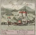 Friedrich Bernhard Werner, Schloß Johannisberg u. Staedtl Jauernig, 1738, Kupferstich, koloriert, auf festem Bütten
