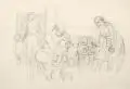 Hedwig Holtz-Sommer, Fünf vielfigurige Zeichnungen. Wohl 1950er Jahre, Graphitzeichnungen und Kohlestiftzeichnungen auf teilweise dunkel grundiertem Papier