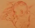 Max Seliger, Schlafendes Kleinkind / Kinderstudien, Wohl 1900, Rötelzeichnungen auf Pappe bzw. festem Papier, auf Untersatzpappe bzw
