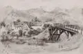 Albert Wigand, Zirkowitz (Dorf mit Brücke), 1940, Kohlestiftzeichnung auf gestrichenem, festen Papier, auf weißem Untersatzpapier montiert