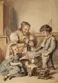Hugo Bürkner, Spielendes Kinderpaar und Großmutter, 1862, Aquarell über Blei auf festem Papier