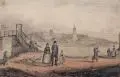 Eduard Fleischer, (zugeschr.), Flussufer mit Stadtansicht. Mitte 19. Jh, Aquarell über Bleistift auf gelblichem Papier