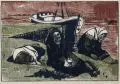 Eduard Bischoff, Rastende Fischerinnen, 1958, Farbholzschnitt in drei Farben auf Bütten