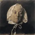 Karel Kostial, Bildnis einer älteren Dame mit weißer Haube. Anfang 20. Jh, Kohlestiftzeichnung, weiß gehöht auf bräunlichem Papier