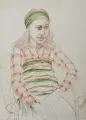 Monika Scholz, Sitzende junge Frau mit grünem Haarband, 1979, Farbkreidezeichnung auf gräulichem, dünnen Bütten