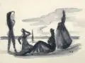 Franz Theodor Schutt, Vier Frauen am Strand. Wohl Mitte 20. Jh, Federzeichnung in grauer Tusche, laviert, auf festem Bütten