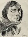 Alice Sommer, Bildnis einer Frau mit Kopftuch, 1924, Fettkreide auf dünnem Velin