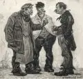Wilhelm Ueberrueck, Drei Männer im Gespräch, 1915, Lavierte Federzeichnung in grauer und schwarzer Tusche