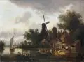 Durand, Abendliche Flußlandschaft mit Windmühle und Fischerdorf. 19. Jh, Öl auf Leinwand