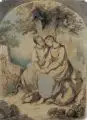 Carl Tiefenbronn, Zwei Mädchen unter einem Baum sitzend. Mitte 19. Jh, Aquarell und Federzeichnung in Tusche über Blei