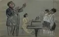 Hanna Hausmann-Kohlmann, Einstudierung zur Zauberflöte von Herrn und Frau Lange-Ferdebugg(?) am 9. Sept. 1953, 1953, Aquarell und Deckfarben über Blei auf grünlichem Tonpapier