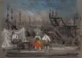 Elsa Sturm-Lindner, Zwei Bühnenszenen. Ohne Jahr, Farbige Pastellkreide auf bräunlichem Papier