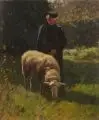 Hermann Johannes van der Weele, Hütejunge mit seinem Schaf auf einer Lichtung. 2. H. 19. Jh, Öl auf Leinwand, vollflächig auf Hartfaserplatte aufgezogen