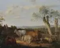 Max Joseph Wagenbauer, (zugeschr.), Ruhende Viehherde in baumbestandener Landschaft. 1. Viertel 19. Jh, Öl auf Leinwand