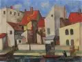 Friedrich Decker, Das Fischerdörfchen in Weissenfels, 1960, Öl auf Hartfaser