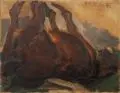 Max Feldbauer, Sich wälzendes Pferd, 1903, Öl auf Rupfen