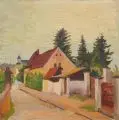 Erhard Hippold, Radebeul - Weinbergstraße mit Meinholdschem Turmhaus im Hintergrund, 1935, Öl auf Leinwand