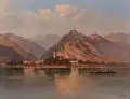 P. Kniel, Ansicht der Burgen Sterrenberg und Liebenstein am Rhein. Wohl 1910- 1930, Öl auf Malpappe
