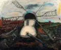 Andreas Thieme, Landschaft mit Windmühlen, 1993, Öl auf textilem Bildträger