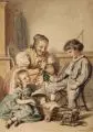 Hugo Bürkner, Spielendes Kinderpaar und Großmutter, 1862, Aquarell über Blei auf festem Papier