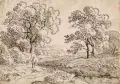 (zugeschr.), Flusslandschaft mit zwei Herren. Wohl um 1800 by Maximilian Johann Georg von Dillis, Federzeichnung in brauner Tusche über Blei auf Bütten, offered Sep 2015