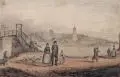 Eduard Fleischer, (zugeschr.), Flussufer mit Stadtansicht. Mitte 19. Jh, Aquarell über Bleistift auf gelblichem Papier