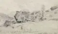 Robert Erbe, (zugeschr.), Gebirgswiesen mit Gehöft und Bauern, 1876, Bleistiftzeichnung auf Karton