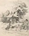 Karl Friedrich Müller, Ländliches Idyll mit spielenden Kindern, 1855, Federzeichnung in Tusche über Blei auf Bütten mit Wasserzeichen o.re