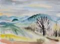 Friedrich Decker, Hügellandschaft mit Baum, Wohl 1971, Aquarell über Blei auf Torchon