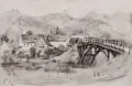 Albert Wigand, Zirkowitz (Dorf mit Brücke), 1940, Kohlestiftzeichnung auf gestrichenem, festen Papier, auf weißem Untersatzpapier montiert