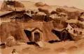 Albert Wigand, Altenberg / Dorf in der Niederung, Wohl 1935, Feder- und Pinselzeichnung, laviert und aquarelliert, auf bräunlichem Velin, auf weißem Untersatzpapier montiert