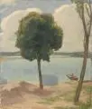 Emil Weber, Seelandschaft mit Baum, Öl auf Malpappe