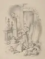 Oscar Pletsch, Spielende Kinder mit Kätzchen, 1869, Bleistiftzeichnung auf gelblichem Karton