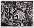 Veit Hofmann, Landschaft mit Maske, 1988, Farbradierung auf "Hahnemühle"-Bütten