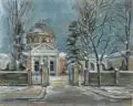 Jürgen Schieferdecker, Parentationshalle des Johannisfriedhofs Dresden-Tolkewitz, 1957, Öl auf Hartfaser