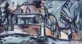 Jürgen Schieferdecker, Landhaus im Schnee, 1959, Gouache auf Papier