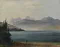 Friedrich Preller der Jüngere, Friedrich Preller d.J., Blick auf den Thunersee mit Interlaken und Eiger, Mönch und Jungfrau, 1885, Öl auf Leinwand, auf Hartfaser maroufliert