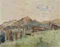 Hans Richard Heinmann, Alpenlandschaft mit Ställen und Enzian, 1944, Öl über Blei auf Pappe