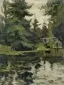 Walther Miehe, Parklandschaft mit Seerosenteich und Holzbrücke. 1. H. 20. Jh, Öl auf Malpappe
