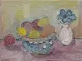Silvio Zesch, Stilleben mit Früchten und blauer Blume, 2009, Öl auf Leinwand